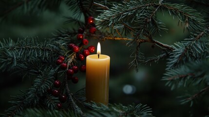 Close up of a candle in a spruce tree with berries transparent background