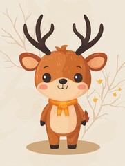 Fototapeta premium A cute, cartoon deer with antlers standing against a soft background, featuring autumn leaves and twigs.
