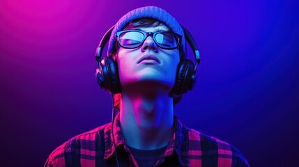 Young man in a beanie and glasses listening to music with his eyes closed, illuminated with pink and blue neon lights.