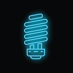 Glowing blue neon sign representing a spiral light bulb, evocative of ideas, innovation, and energy efficiency