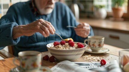 An older adult eating a nutritious breakfast of fruit and oatmeal at the kitchen table with a newspaper nearby