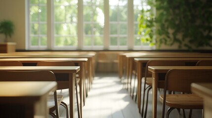 Fototapeta premium Empty Modern Classroom In the School Interior, Back to School Concept Book, Chair, table 3D Render.