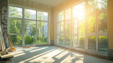 A sunny room with large windows, showing the green trees outside and the unfinished floor.
