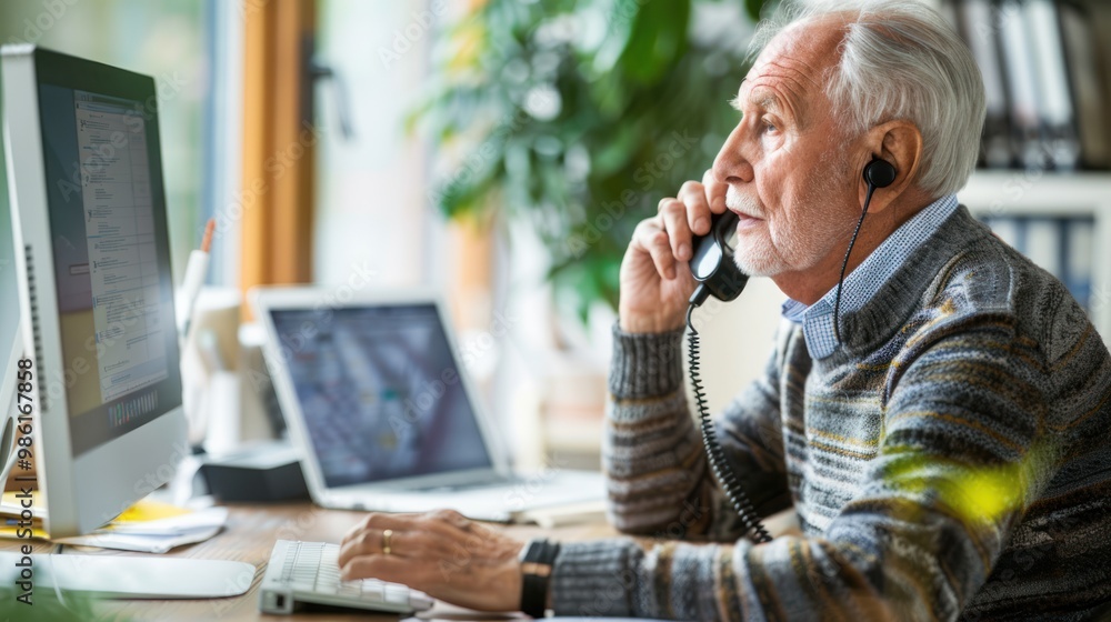 Poster an older adult on the phone using a speakerphone while typing notes on a computer