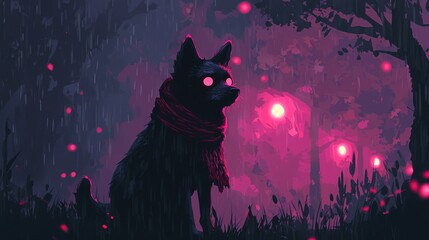 A mystical wolf silhouette amidst a rainy, vibrant purple forest, featuring glowing orbs and a dramatic atmosphere.