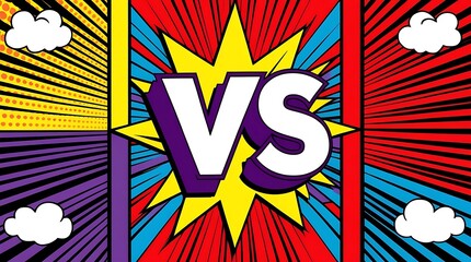 Dynamic comic book-style 'VS' layout featuring bold colors and playful cloud elements, ideal for energetic designs, event flyers, or posters