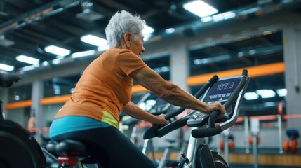 An older adult riding a stationary bike in a fitness center pedaling steadily while watching their progress on a digital screen
