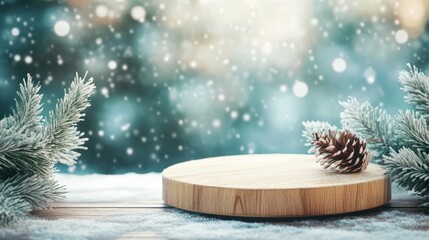 Empty Blank Wooden Podium Stand Platform Snow Winter Wonderland Xmas Decoration Background View Bokeh Backdrop Concept Mockup Template Product Demonstration Presentation Advertisement Commercial Sale.