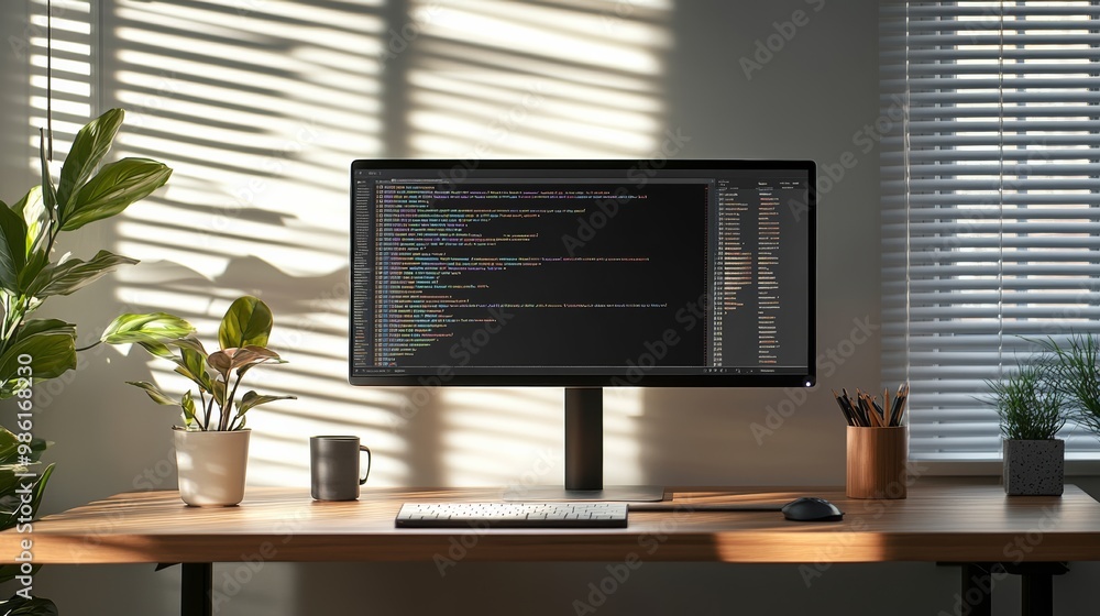 Poster a home office with a monitor displaying code, houseplants, and sunlight streaming through blinds, id