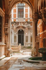 Fototapeta premium Courtyard with Arched Entrance and Ornate Stonework