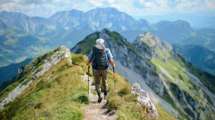 Fototapeta premium An active older adult hiking up a mountain trail equipped with a sturdy backpack and hiking poles marveling at the breathtaking views from the summit