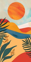 Fototapeta premium Abstract Landscape Painting With Palm Leaves and Sun