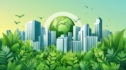 Green Cityscape with a Globe and Flying Leaves.