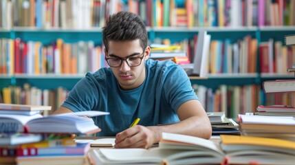 A male adult preparing for a professional exam, using a variety of study materials and practice tests to ensure thorough preparation