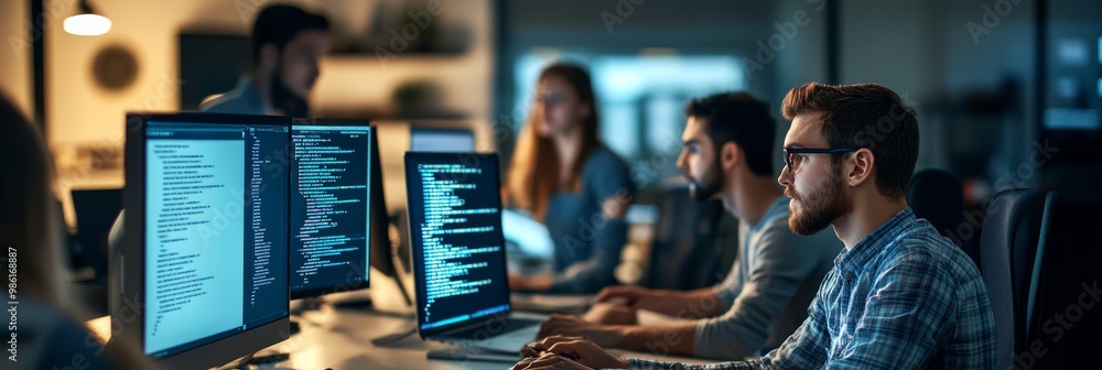 Poster Team of software developers working together on code. Collaboration and teamwork in programming.