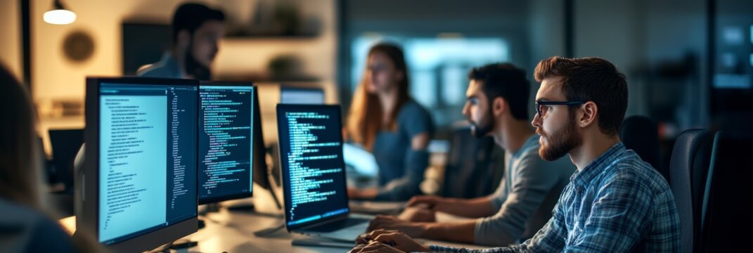 Team of software developers working together on code. Collaboration and teamwork in programming.