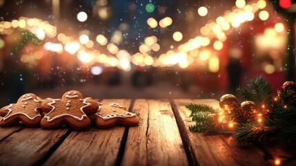 Gingerbread cookies on a wooden table against the background of the lights of the Christmas market. Design ai transparent background
