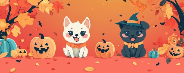 A whimsical autumn scene featuring two cute cartoon dogs beside Halloween pumpkins, surrounded by colorful leaves.