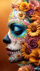 Naklejka premium Day of the Dead Sugar Skull with Floral Crown: A vibrant and detailed depiction of a sugar skull adorned with a crown of flowers, capturing the beauty and symbolism of the Day of the Dead tradition.