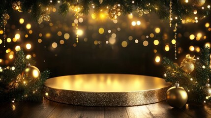 Obraz premium Gold and Glitter Christmas Podium with Twinkling Lights _1(88)