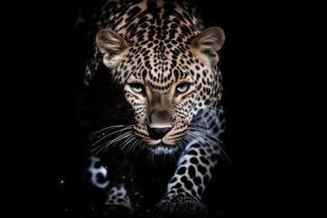 Naklejka premium A leopard emerging from the shadows, its spotted coat blending seamlessly with the darkness as it hunts for its next meal.