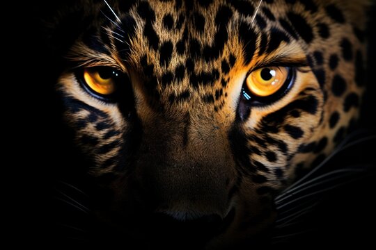 A leopard's eyes glowing in the darkness, its gaze piercing through the night like twin beacons of predatory hunger.