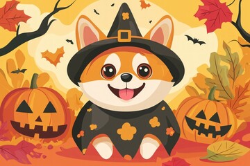 Fototapeta premium A cute corgi in a witch hat stands among Halloween pumpkins and autumn leaves in a vibrant, colorful scene.