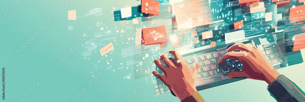 Poster Abstract representation of a digital data stream with bright neon colors and icons flowing in the background. Great for concepts of big data, digital transformation, and IoT.