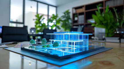 3d blue prints of a real estate project virtual hologram on a table in modern office, real estate development business	