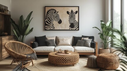Stylish zebra metal wall art enhances modern living room with monochromatic decor and natural elements