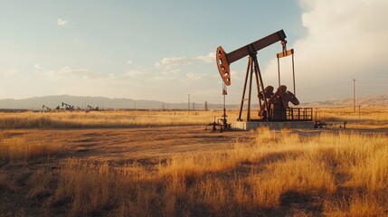 Rusty oil pump jack in a field with tall grass at sunset.