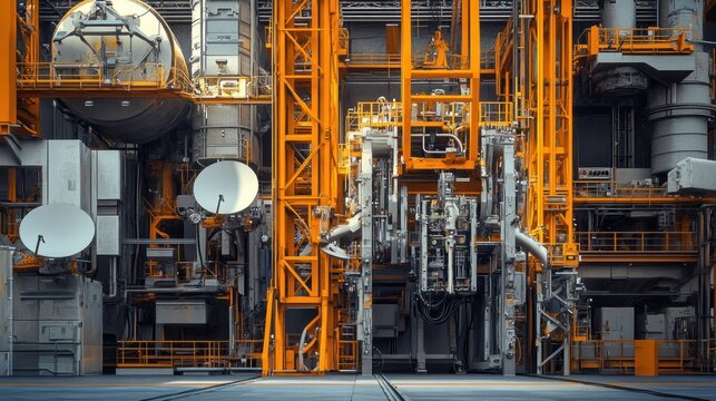 A large industrial complex with complex machinery and orange steel structures.