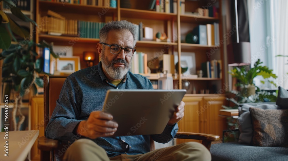 Poster an adult participating in an online class from home, watching lectures on a tablet and interacting w