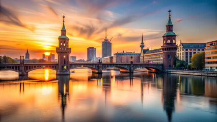 Naklejka premium Oberbaum Bridge in Berlin at Sunset with View on the Television Tower, Berlin, Oberbaum Bridge, Sunset