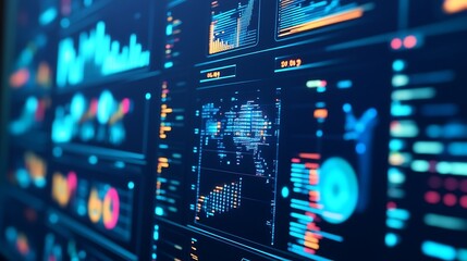 Futuristic Digital Interface with Glowing Charts and Graphs