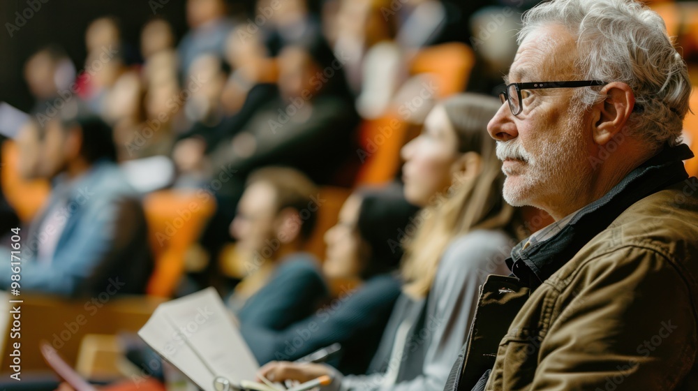 Poster an adult attending a lecture, diligently taking notes and asking insightful questions to enhance the