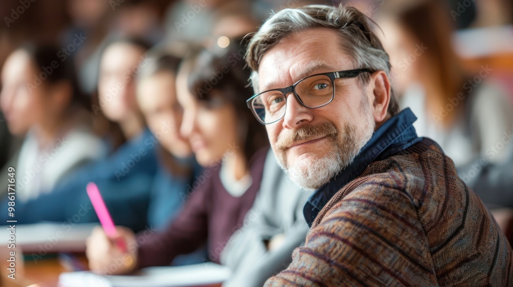 Poster an adult attending a lecture, diligently taking notes and asking insightful questions to enhance the