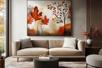 Abstract fall-themed wall art enhances a modern living room's cozy atmosphere with warm autumn colors above a neutral-toned sofa, creating an inviting space