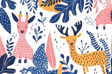 Naklejka premium Cute Animals Illustration With Floral Pattern Background