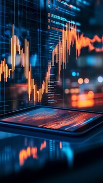 Digital financial charts displayed on tablet in dark office with neon data lines. Represents coding and fintech analytics.