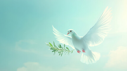 Obraz premium Peaceful dove flying with an olive branch against a serene sky