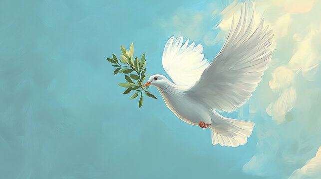 Peaceful dove carrying an olive branch in a blue sky