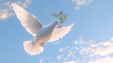 White dove flying with an olive branch against a blue sky