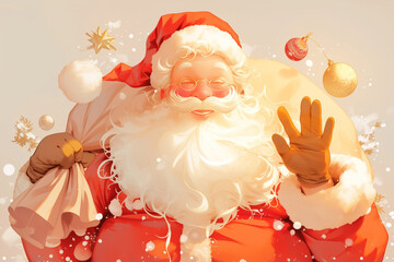 Christmas theme, Santa Claus carrying a gift bag and waving his hand happily, can be used for clipart, stickers, t-shirts, greeting cards