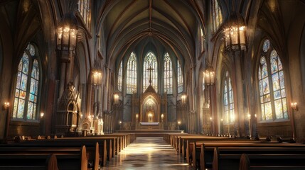 Fototapeta premium An empty cathedral interior with wooden pews, stained glass windows, and high vaulted ceilings.