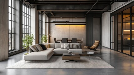 Modern living room interior with gray sectional sofa and a large window.
