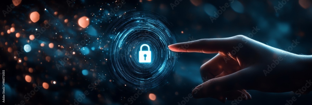 Poster Finger pointing towards a blue padlock on a digital interface surrounded by glowing particles. Symbol of cybersecurity and encryption.