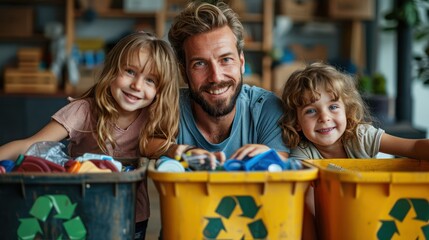 A young father teaching his children how to separate recyclable waste demonstrates environmental awareness and teaching with a focus on sustainability.