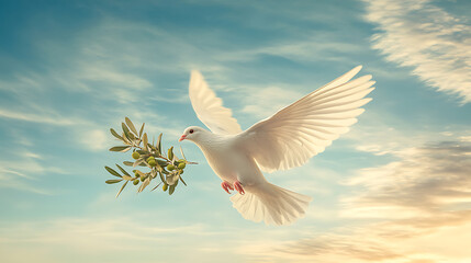 Peaceful dove carrying an olive branch in a serene sky