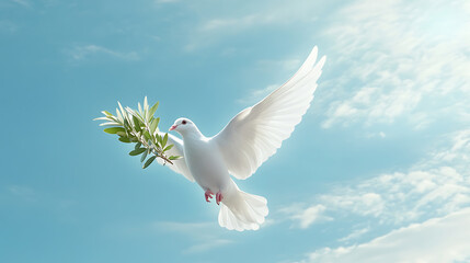 Peaceful dove soaring with an olive branch against a blue sky